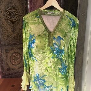 Alberto Makali Blouse with beaded collar, light chartreuse and blue